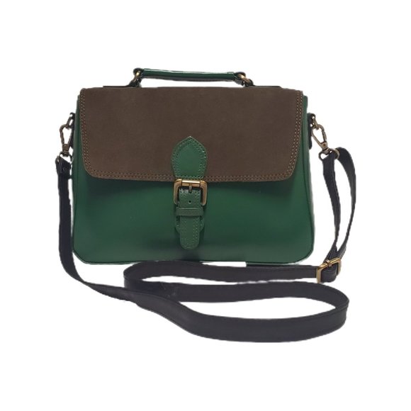 AuGre F. Handbags - AuGre France Crossbody Bag Green & Black Leather Top Handle 2 Section Satchel